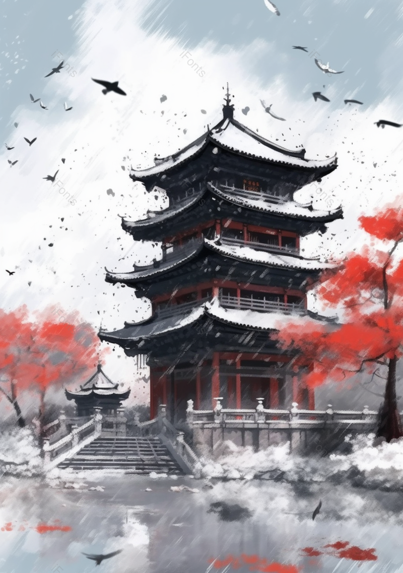 灰色天空大寒寒冷下雪天城楼古代建筑飞鸟红色古典传统风景水墨插画,插画/手绘图,插画/手绘图库,插画/手绘图下载,插画/手绘